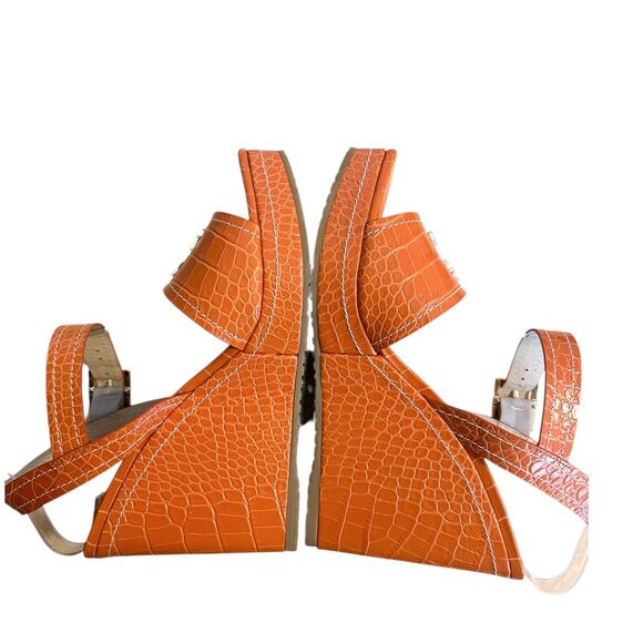 Jimmy Choo Croc Embossed Orange Leather Logo Wedge Sandals 40 - Picture 7 of 10